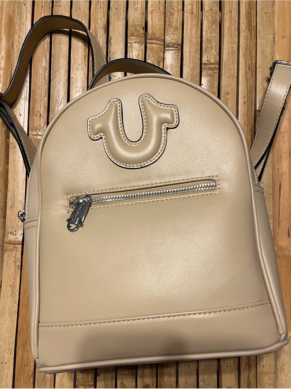 True Religion Beige Mini Backpack with Signature Horseshoe